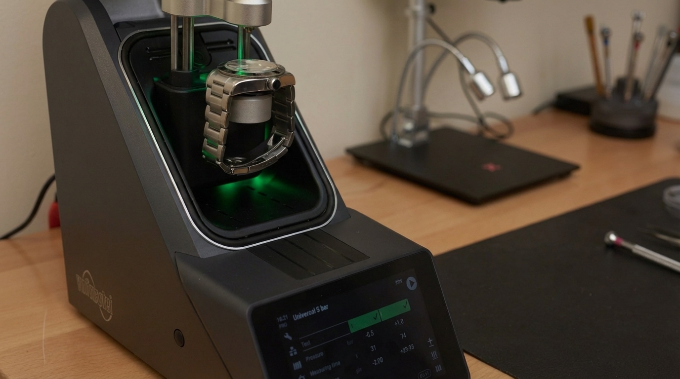 Watch undergoing a professional pressure test in a testing machine