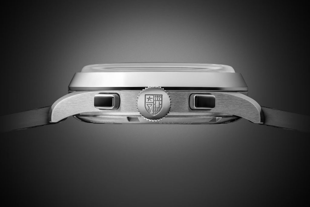 Black-dial Benrus Sky Chief watch viewed from the side