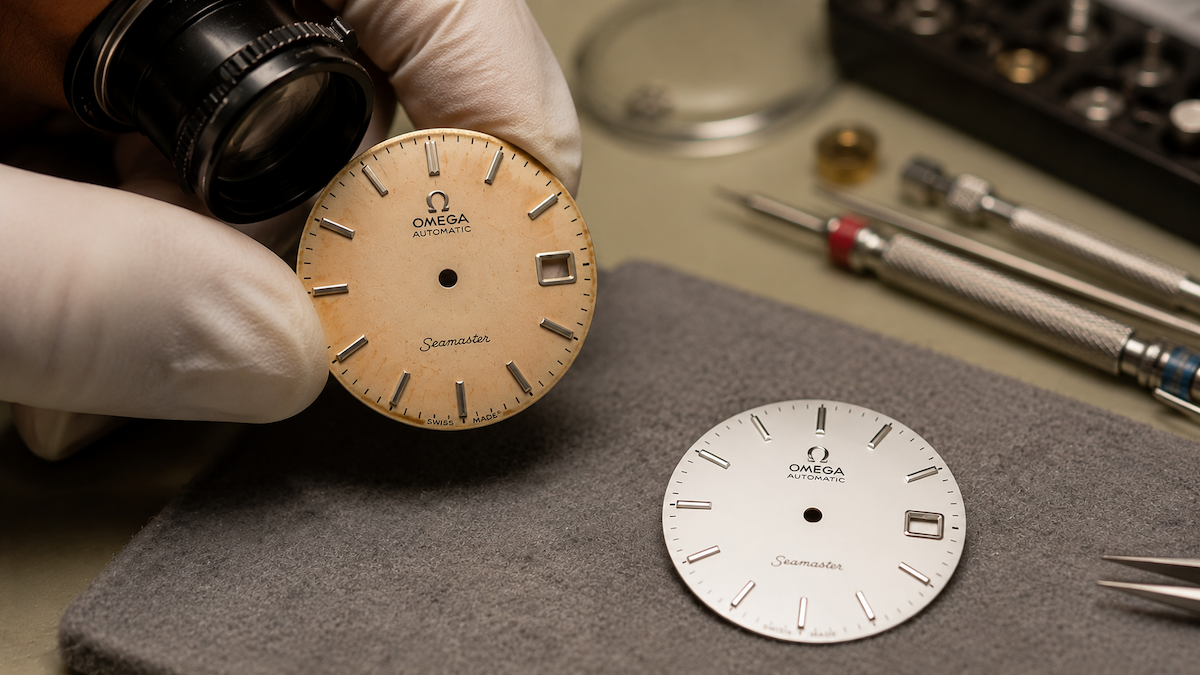 Watchmaker comparing original and replacement watch dials