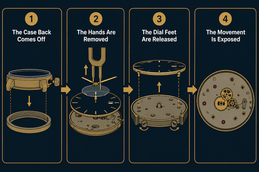 Illustrated process showing the steps for exposing a watch movement mechanism