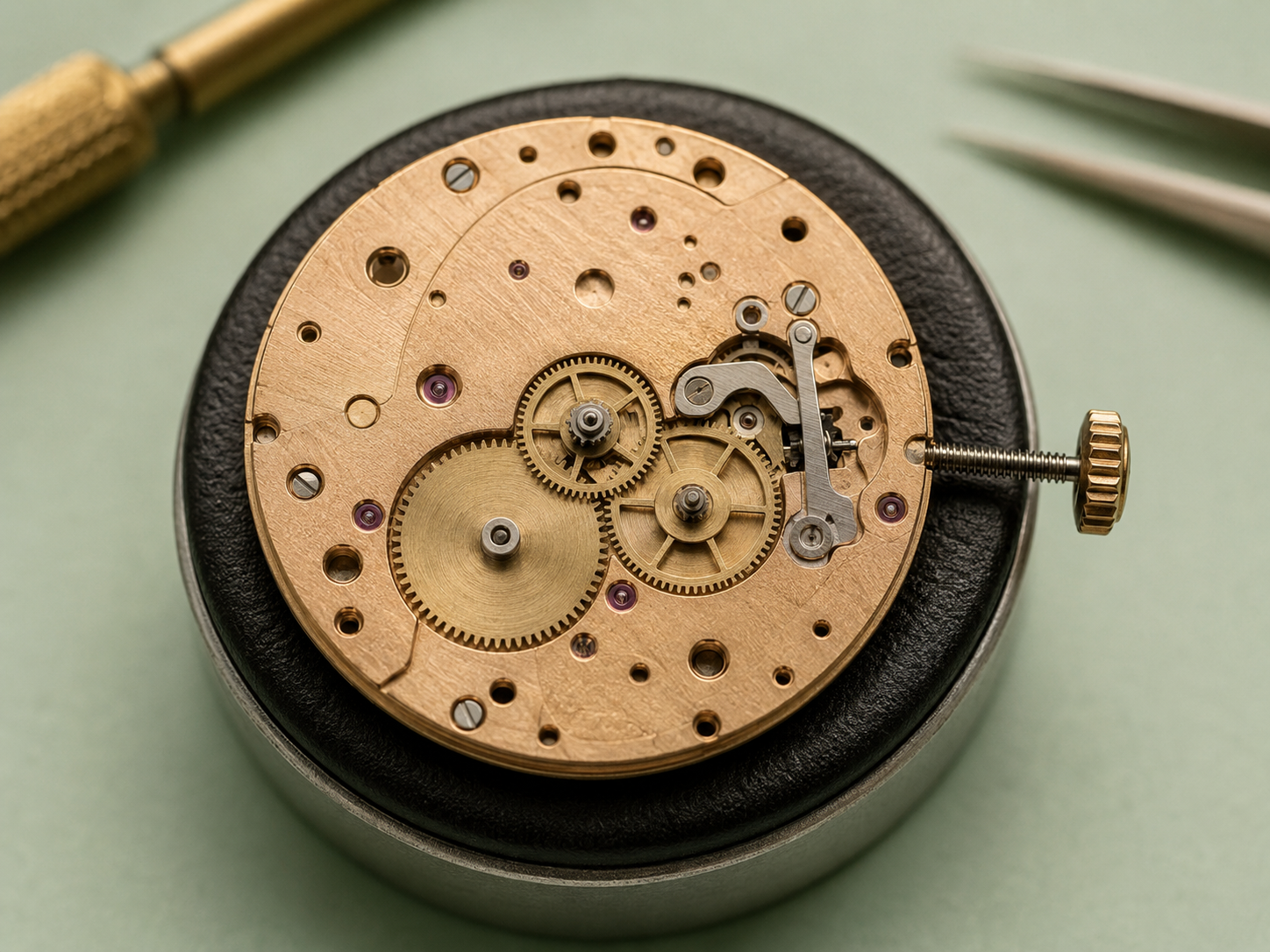 Watch movement with the dial removed
