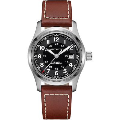 Hamilton Khaki Field automatic watch with a black dial and green textile strap