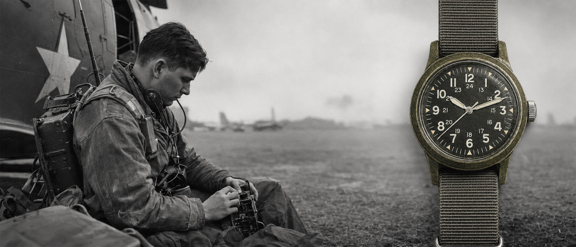 A WWII soldier with a field radio beside a vintage Benrus military field watch