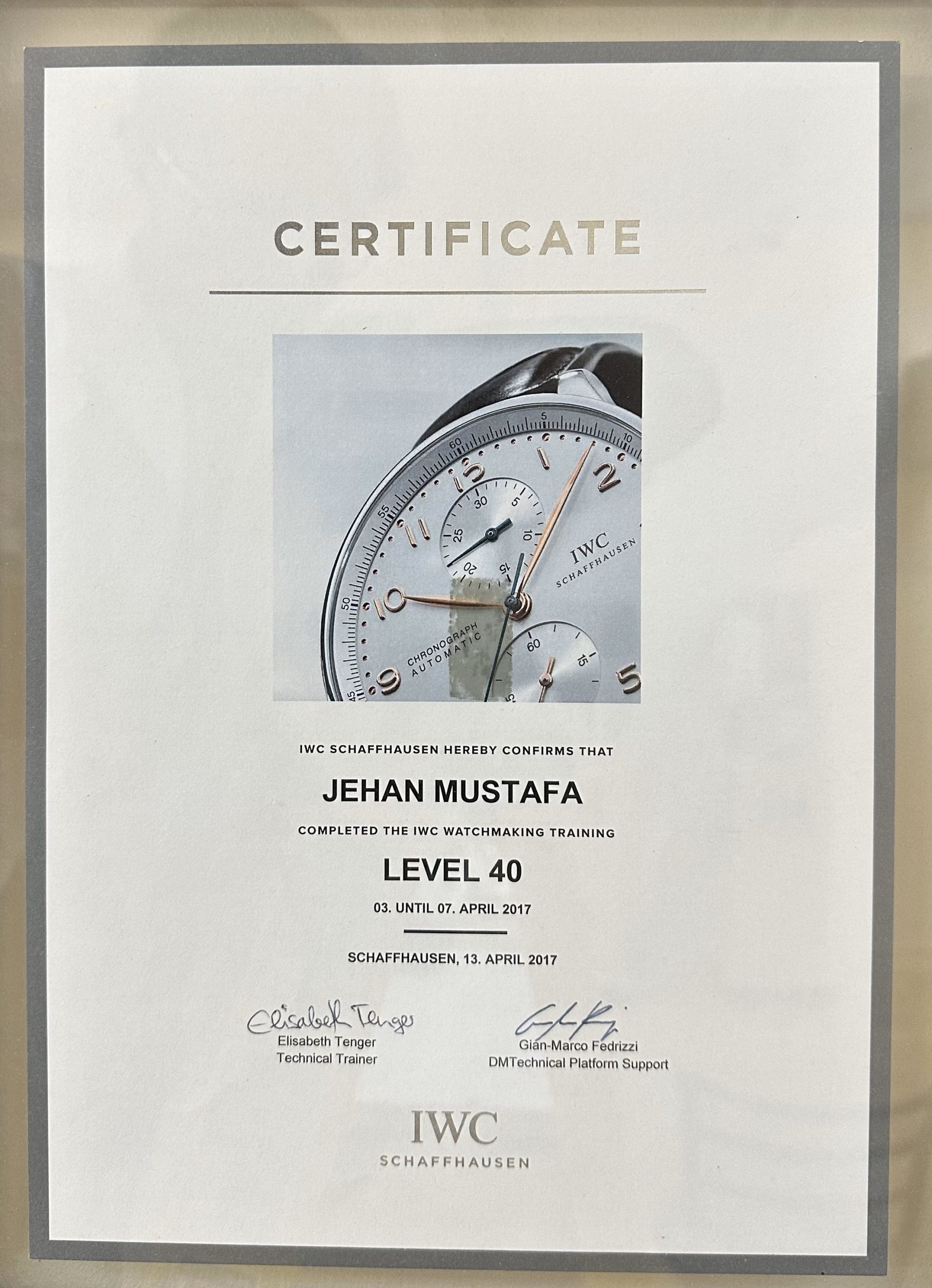 IWC Schaffhausen Level 40 watchmaking training certificate awarded to Jehan Mustafa