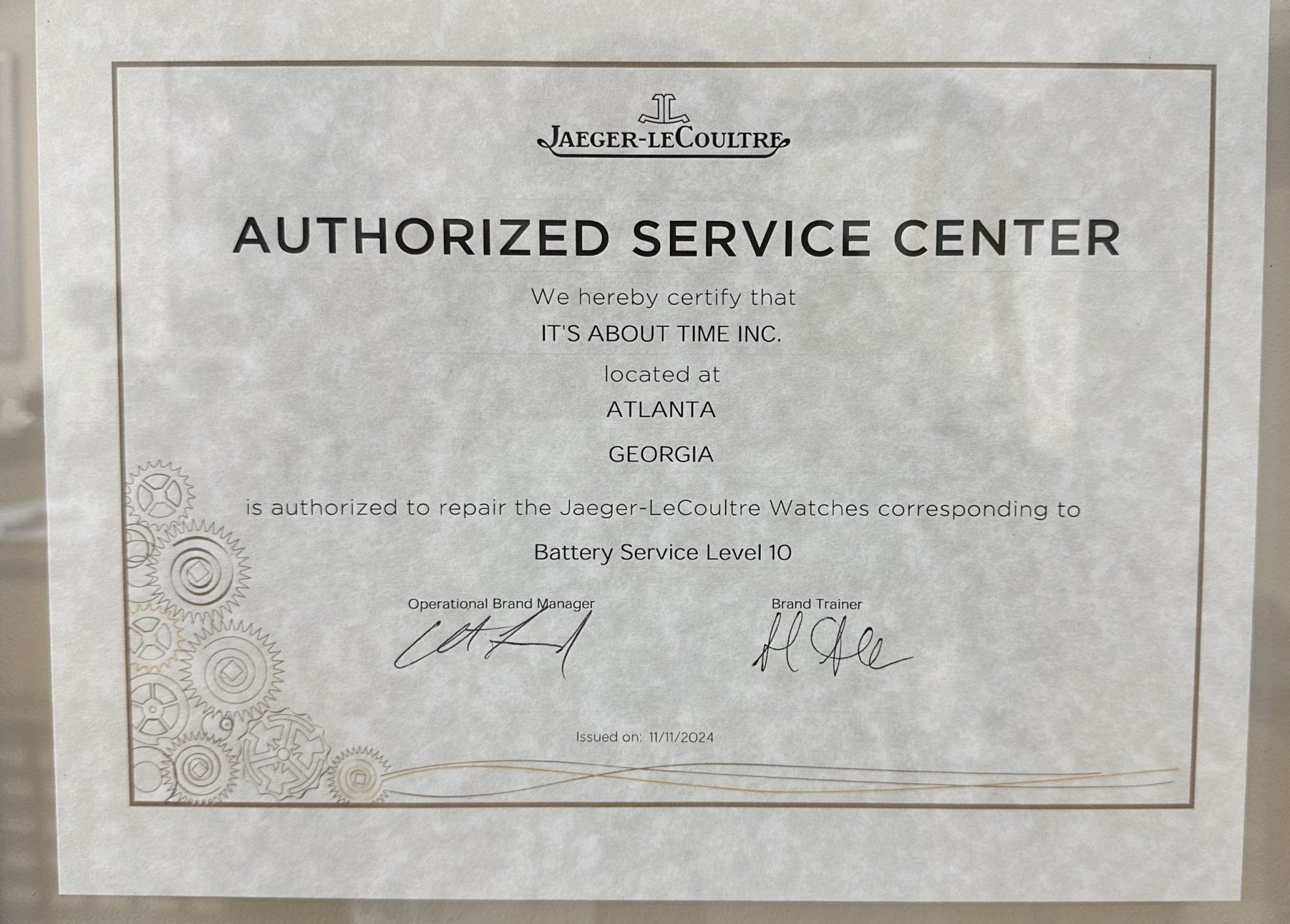 Jaeger-LeCoultre Authorized Service Center certificate for It’s About Time Inc. in Atlanta, Georgia