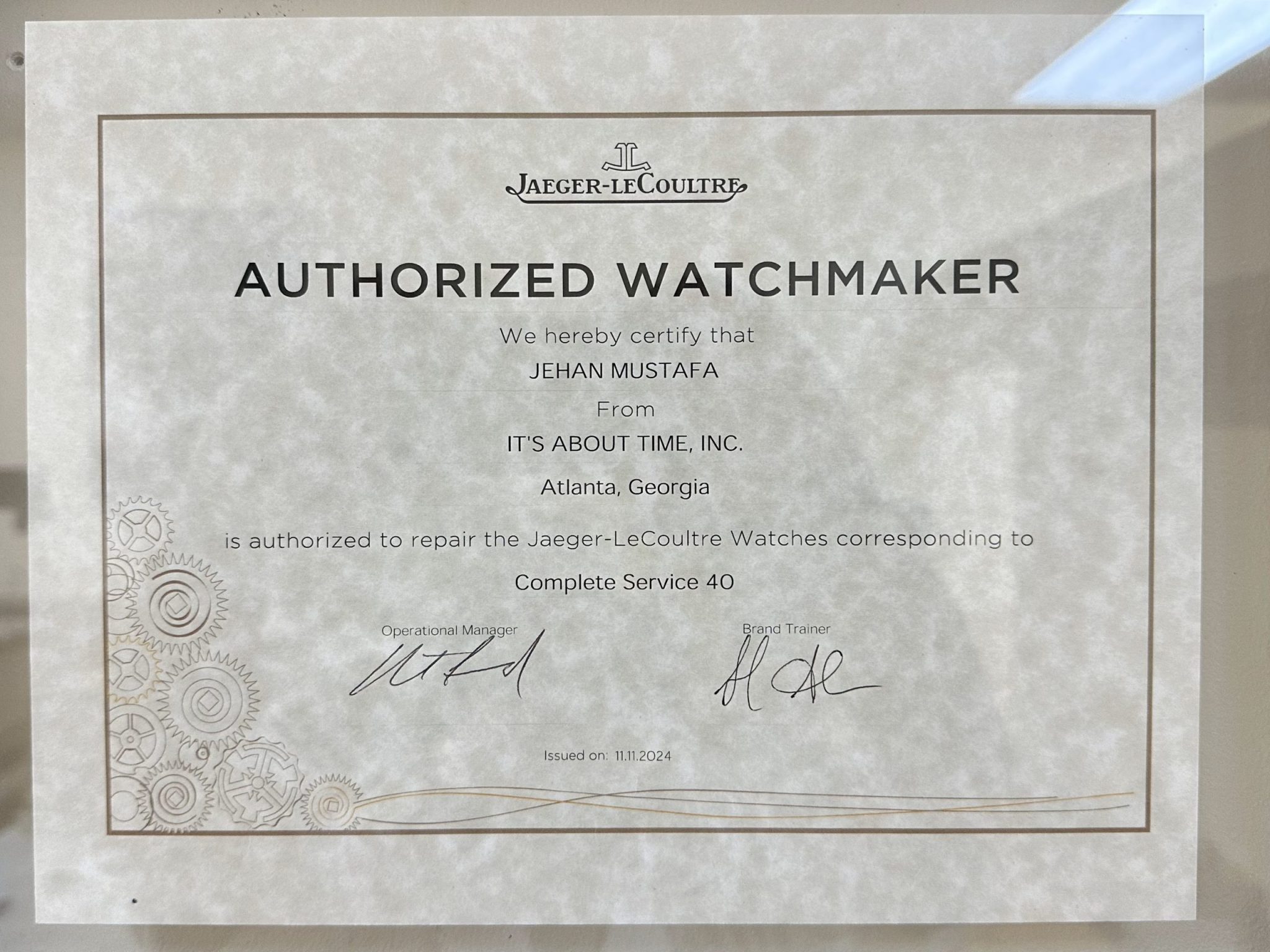 Jaeger-LeCoultre Authorized Watchmaker certificate awarded to Jehan Mustafa