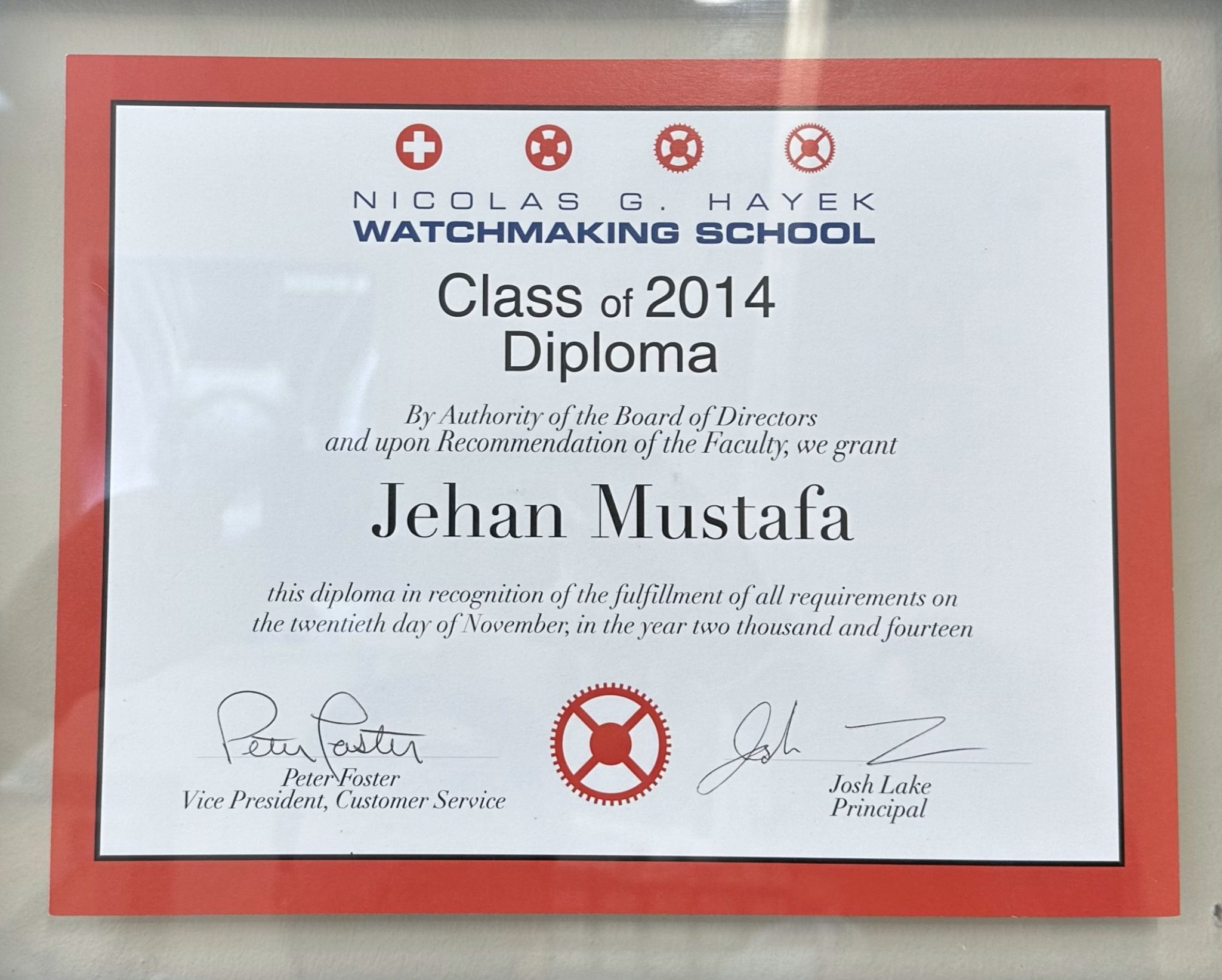Nicolas G. Hayek Watchmaking School Class of 2014 diploma awarded to Jehan Mustafa