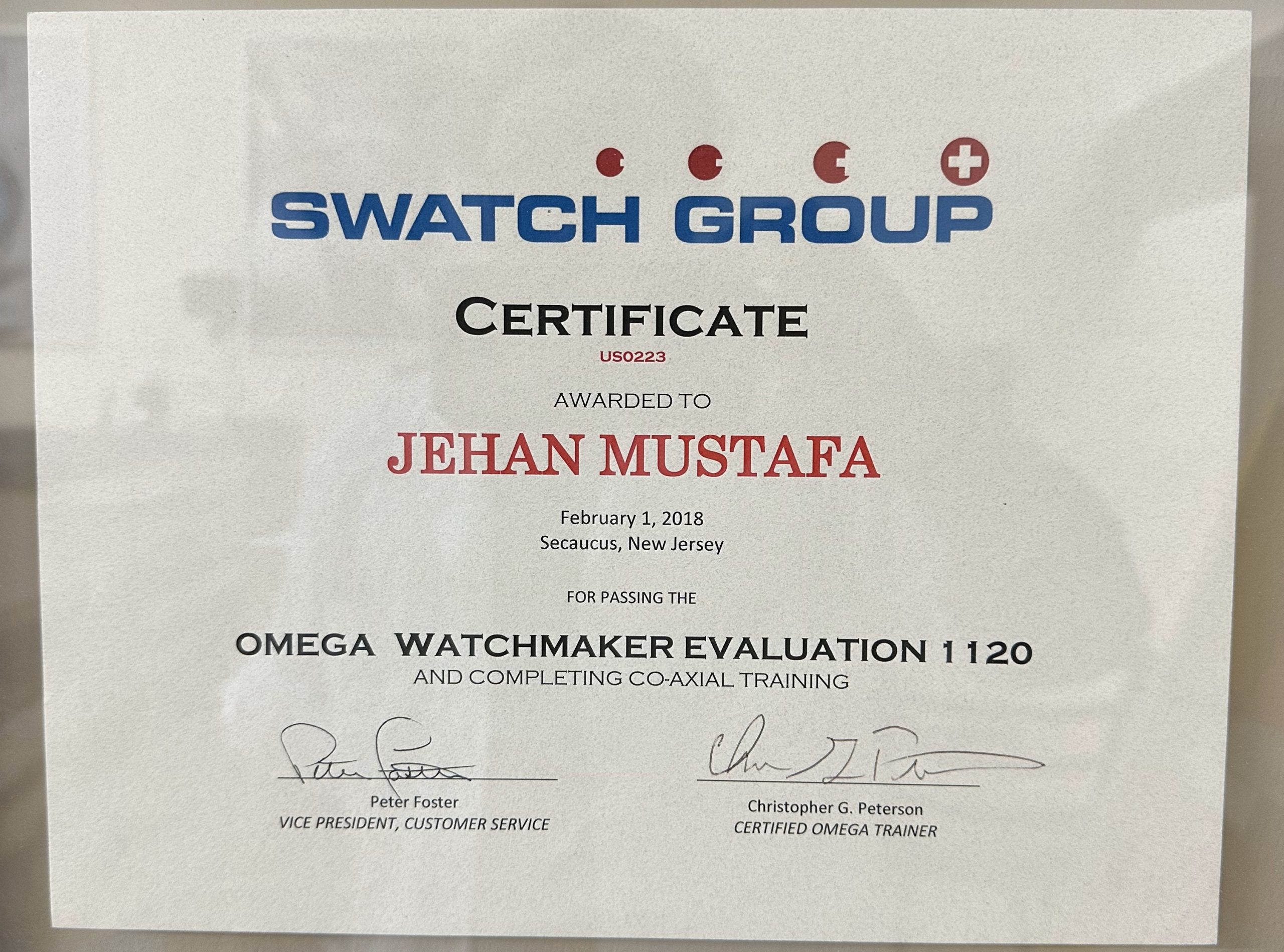 Omega Watchmaker Evaluation 1120 and Co-Axial training certificate awarded to Jehan Mustafa