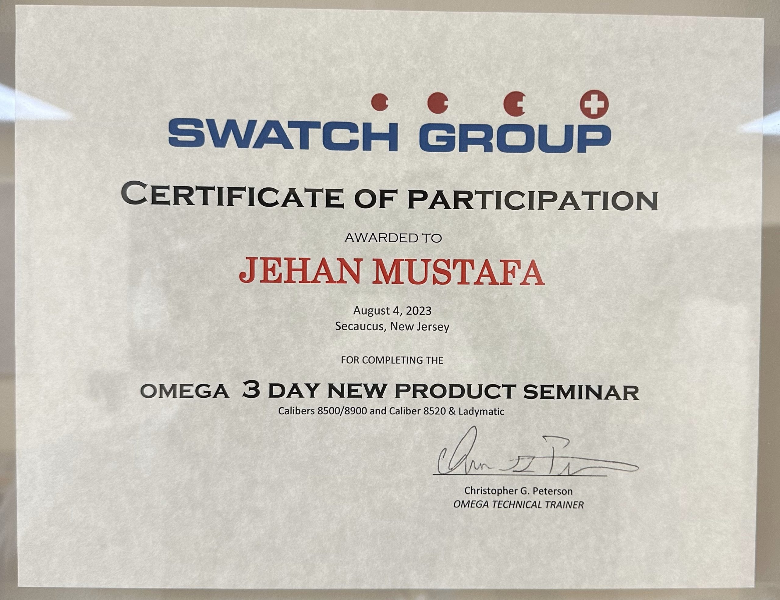 Omega 3 Day New Product Seminar certificate awarded to Jehan Mustafa