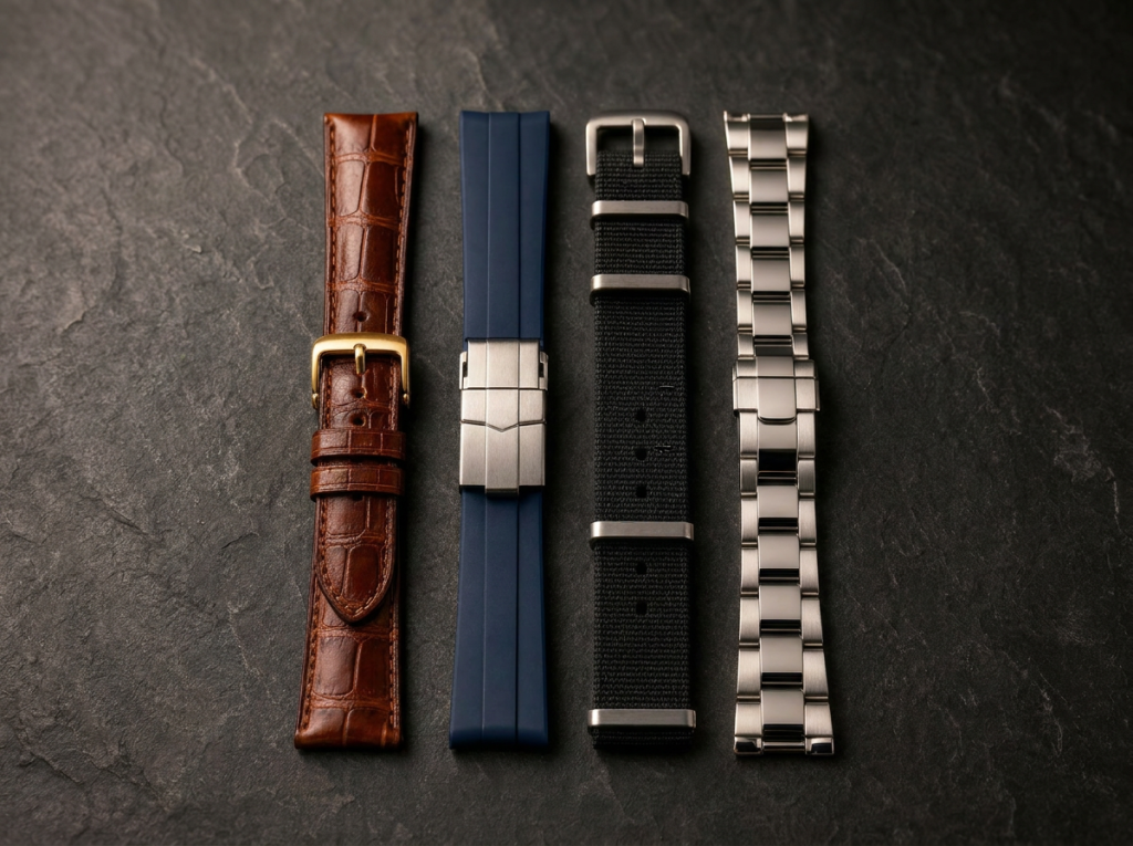 A selection of leather, rubber, nylon, and steel luxury watch straps and bracelets