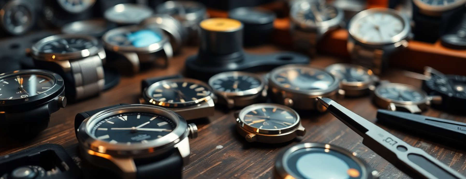 Collection of watches and watchmaking tools on a repair bench