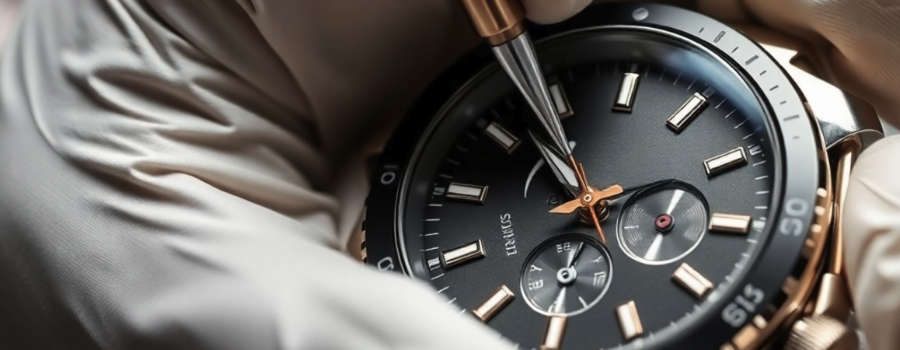 Watchmaker carefully adjusting the hands of a dark luxury chronograph