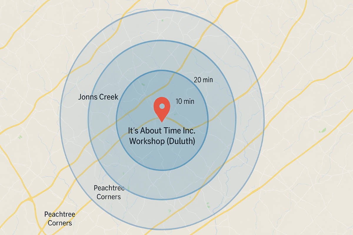 Map of Duluth workshop with 10, 20, and 30-minute drive rings covering Johns Creek, Alpharetta, Suwanee, and Peachtree Corners.