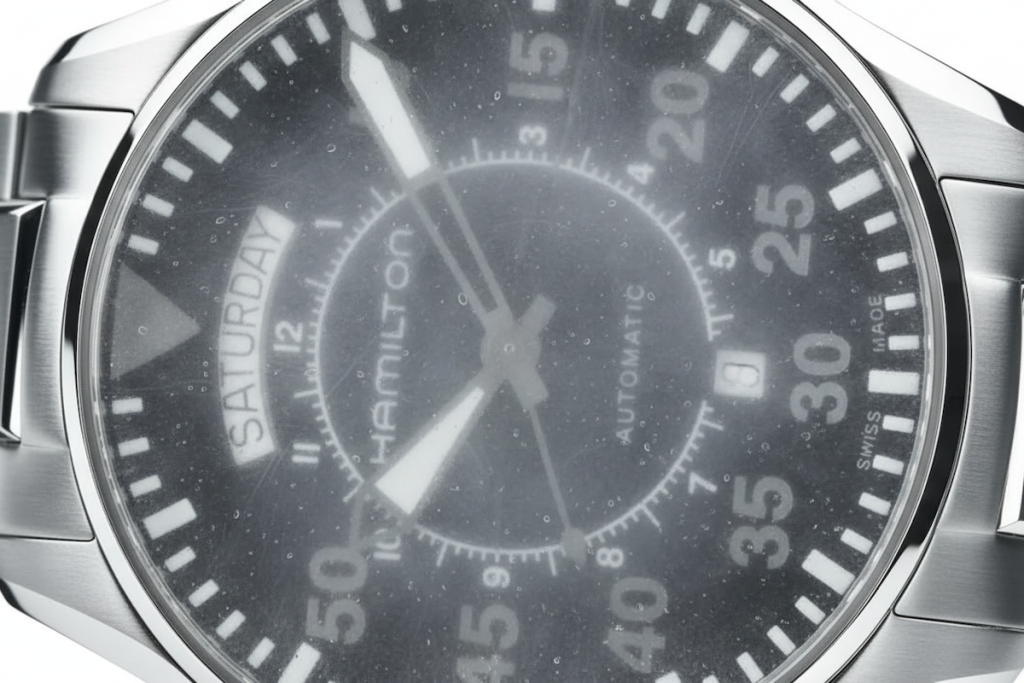 Foggy watch face caused by condensation from humidity and rapid temperature changes, showing moisture buildup on the dial with reduced visibility