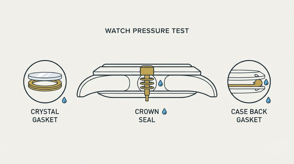 Watch pressure test diagram showing the three main water entry points: crystal gasket, crown seal, and case back gasket